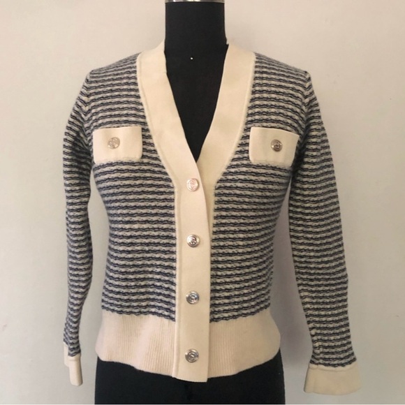 Sandro October Cream and Black Striped Cardigan - Picture 2 of 5